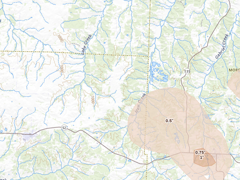 Radar-estimated hail-size map of the storm over Cole Camp, MO on Apr 27, 2026