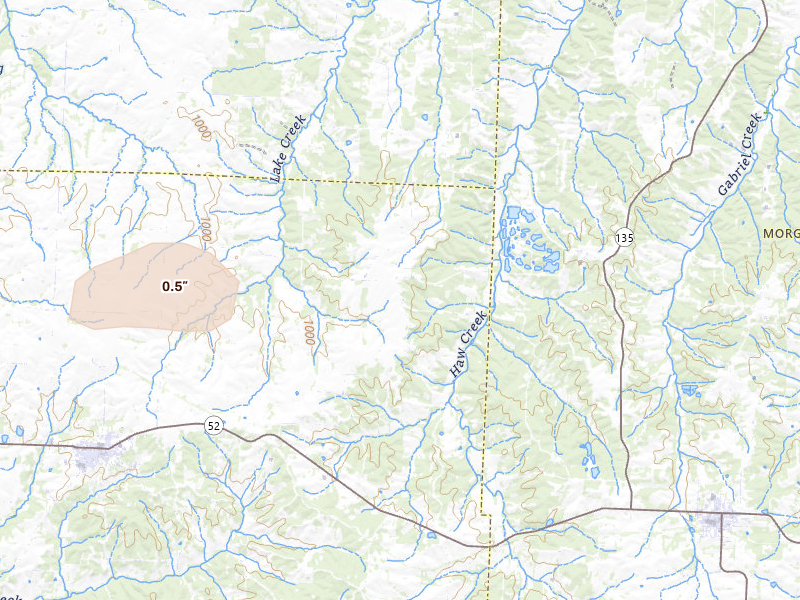 Radar-estimated hail-size map of the storm over Cole Camp, MO on Jul 8, 2026
