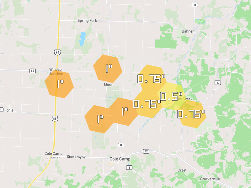 Hail map of Cole Camp, MO on Jul 9, 2026, hail up to 1"