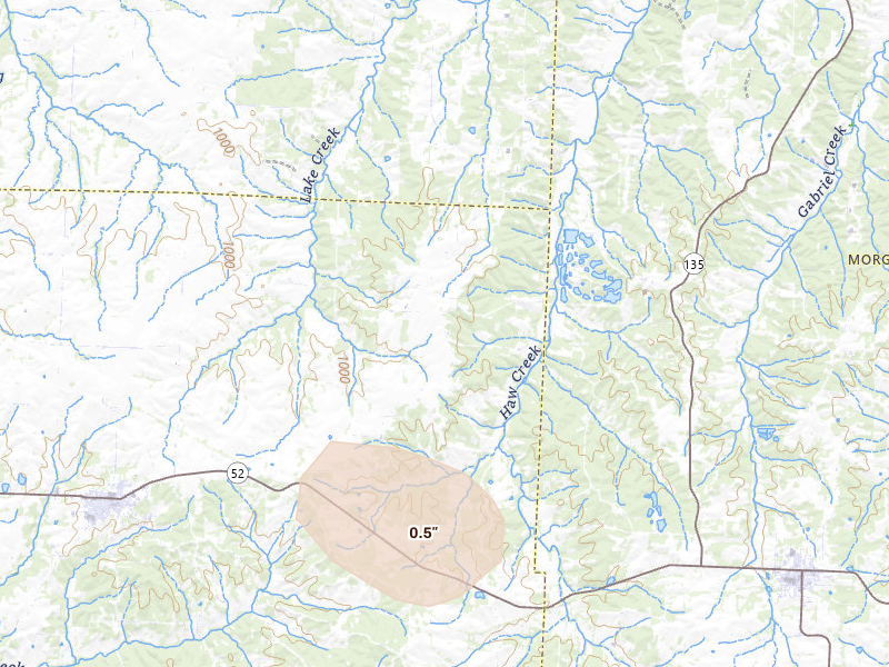 Radar-estimated hail-size map of the storm over Cole Camp, MO on Jul 10, 2026