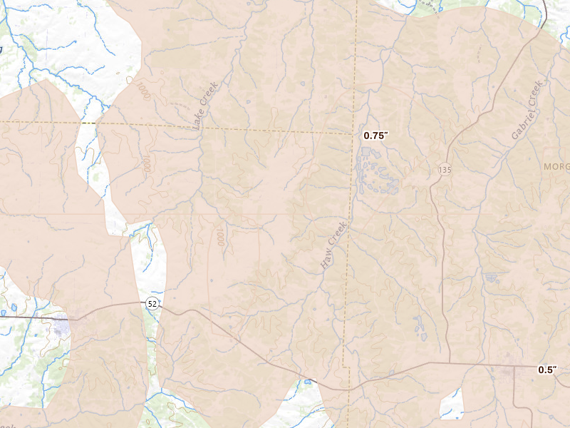 Radar-estimated hail-size map of the storm over Cole Camp, MO on Aug 18, 2026