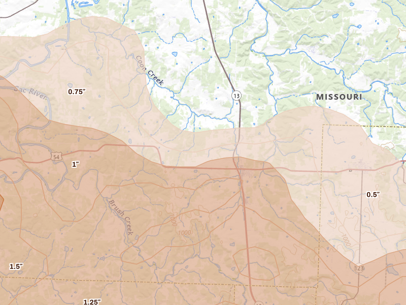Radar-estimated hail-size map of the storm over Collins, MO on Apr 26, 2026