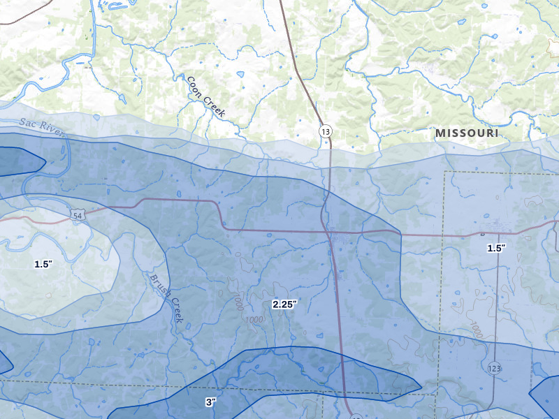 NEXRAD radar-signature map of the hail over Collins, MO