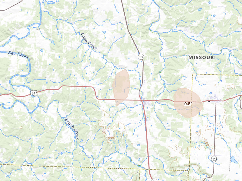 Radar-estimated hail-size map of the storm over Collins, MO on Jun 8, 2026
