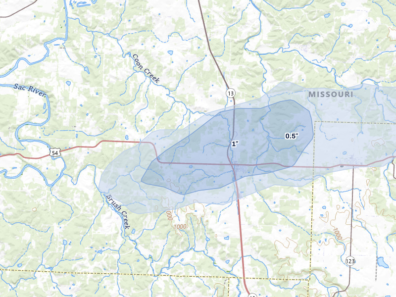 NEXRAD radar-signature map of the hail storm over Collins, MO on Jun 8, 2026