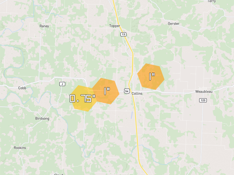 Hail map of Collins, MO on Jun 9, 2026, hail up to 1"