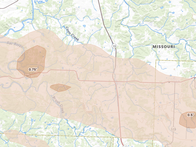 Radar-estimated hail-size map of the storm over Collins, MO on Jun 17, 2026