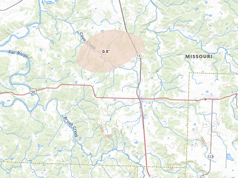 Radar-estimated hail-size map of the storm over Collins, MO on Jul 8, 2026