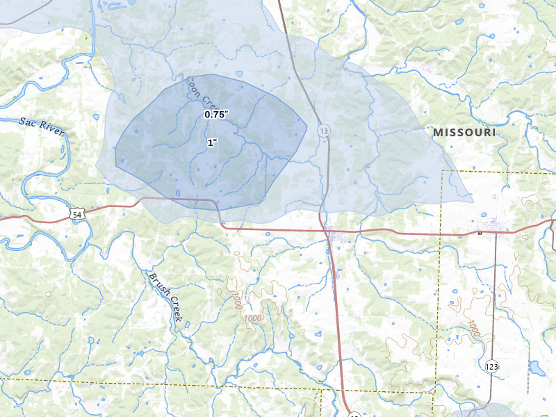 NEXRAD radar-signature map of the hail storm over Collins, MO on Jul 8, 2026