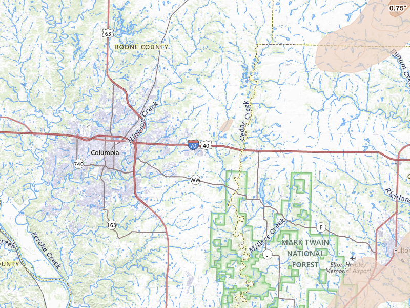 Radar-estimated hail-size map of the storm over Columbia, MO on Apr 17, 2026