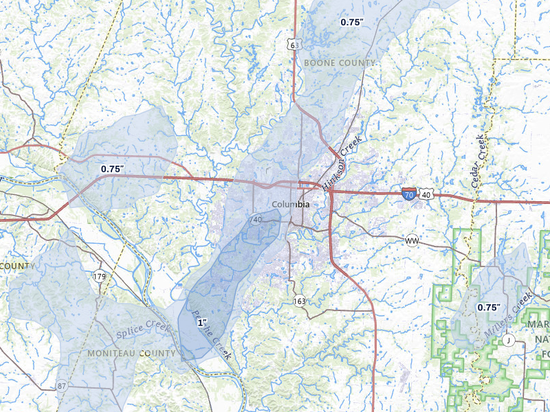 NEXRAD radar-signature map of the hail over Columbia, MO
