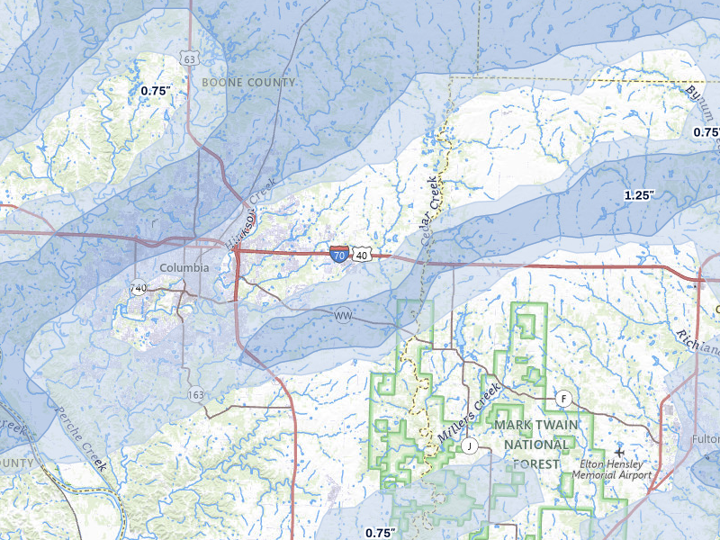 NEXRAD radar-signature map of the hail over Columbia, MO