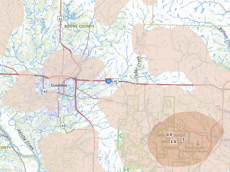 Radar-estimated hail-size map of the storm over Columbia, MO on May 31, 2026