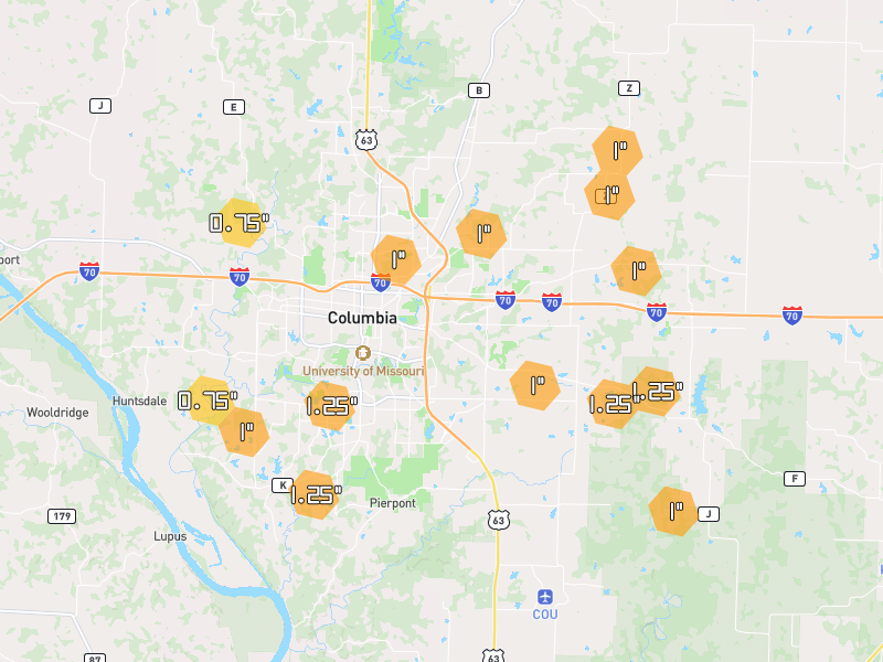 Hail map of Columbia, MO on Jun 1, 2026, hail up to 1.25"