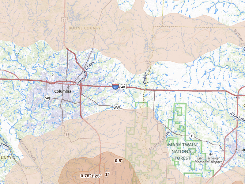 Radar-estimated hail-size map of the storm over Columbia, MO on Jun 11, 2026