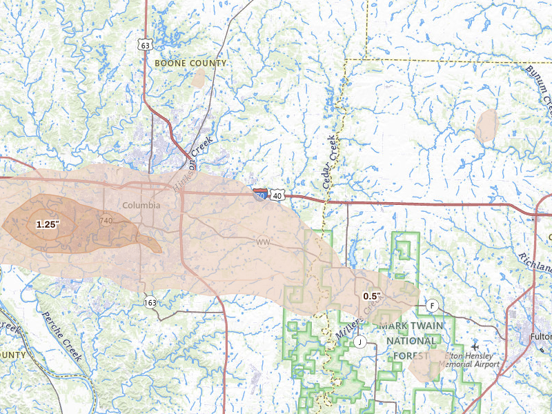 Radar-estimated hail-size map of the storm over Columbia, MO on Jul 10, 2026