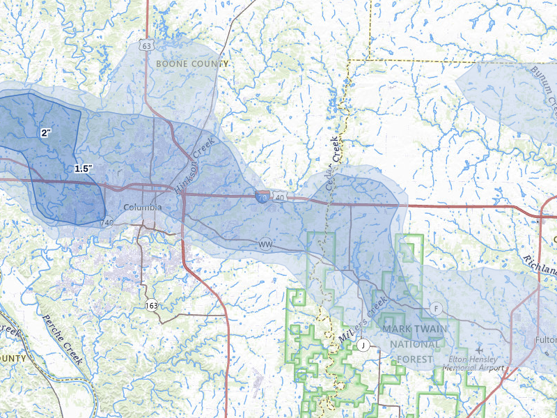 NEXRAD radar-signature map of the hail storm over Columbia, MO on Jul 10, 2026
