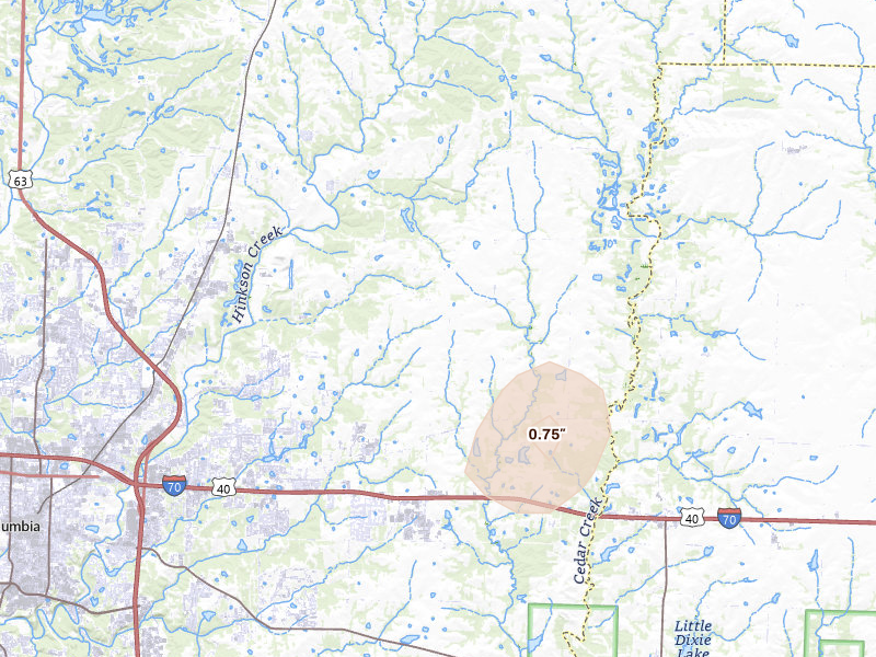 Radar-estimated hail-size map of the storm over Columbia, MO on Aug 14, 2026