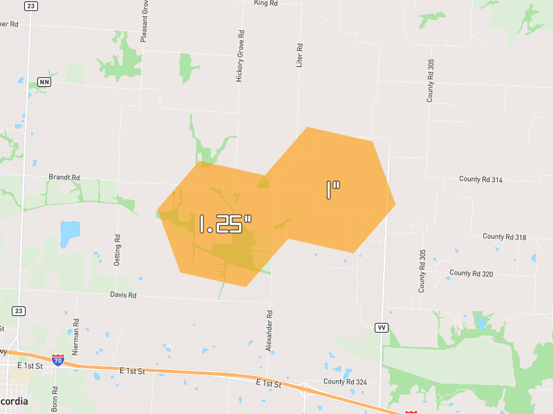 Hail map of Concordia, MO on Jul 4, 2026, hail up to 1.25"
