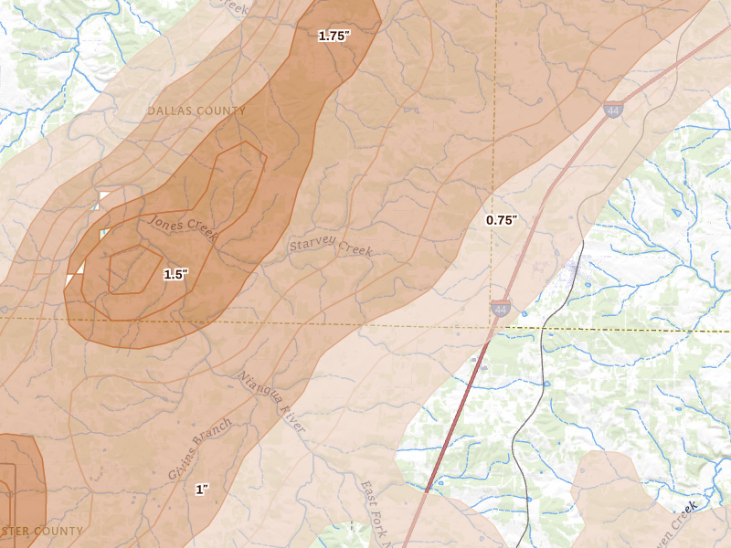 Radar-estimated hail-size map of the storm over Conway, MO on Apr 28, 2026