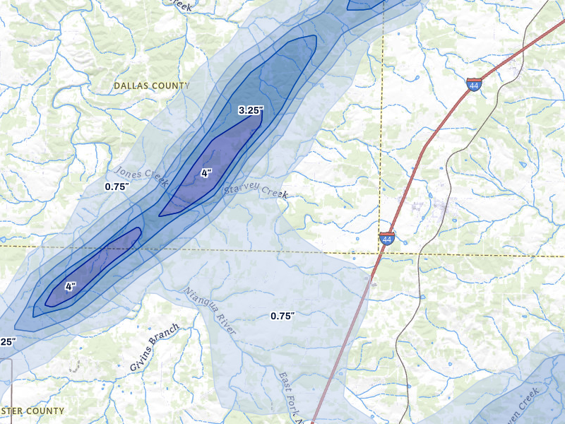 NEXRAD radar-signature map of the hail storm over Conway, MO on Apr 28, 2026