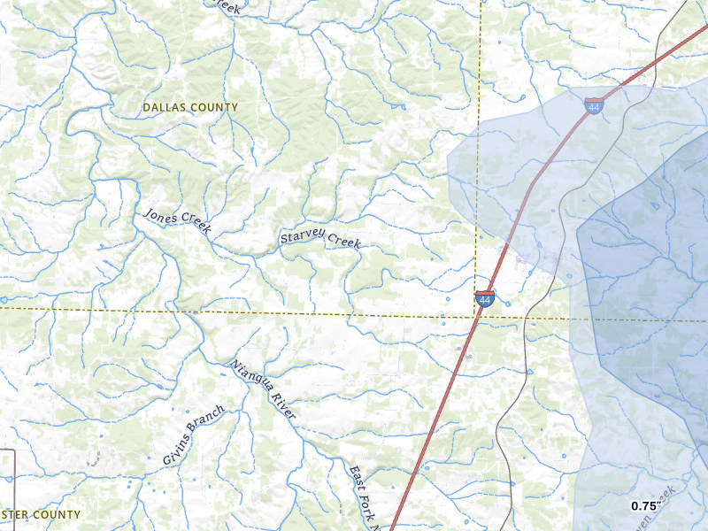 NEXRAD radar-signature map of the hail storm over Conway, MO on Jun 26, 2026