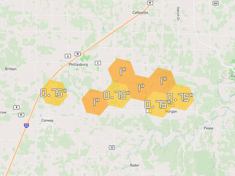 Hail map of Conway, MO on Jun 26, 2026, hail up to 1"