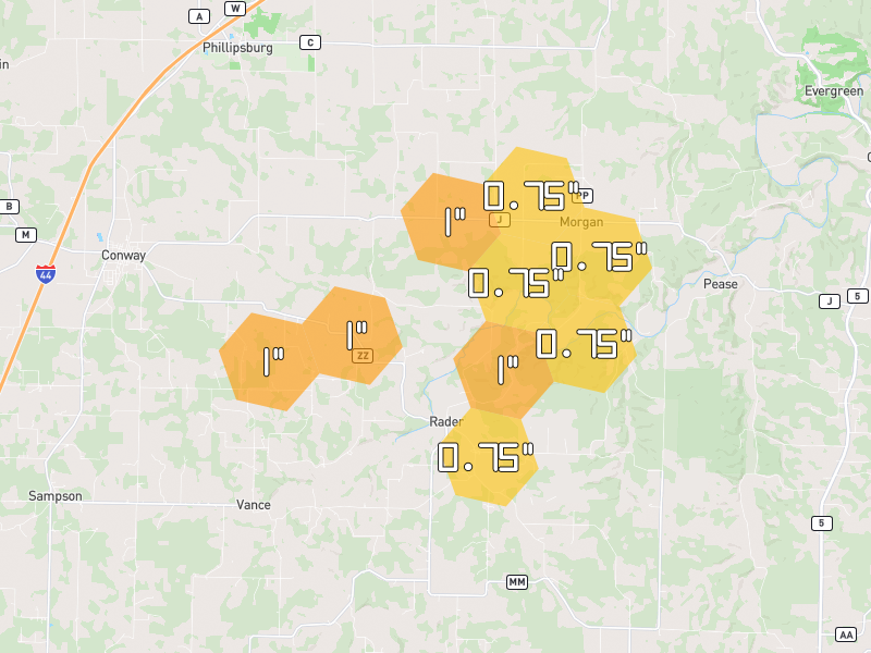 Hail map of Conway, MO on Jun 27, 2026, hail up to 1"