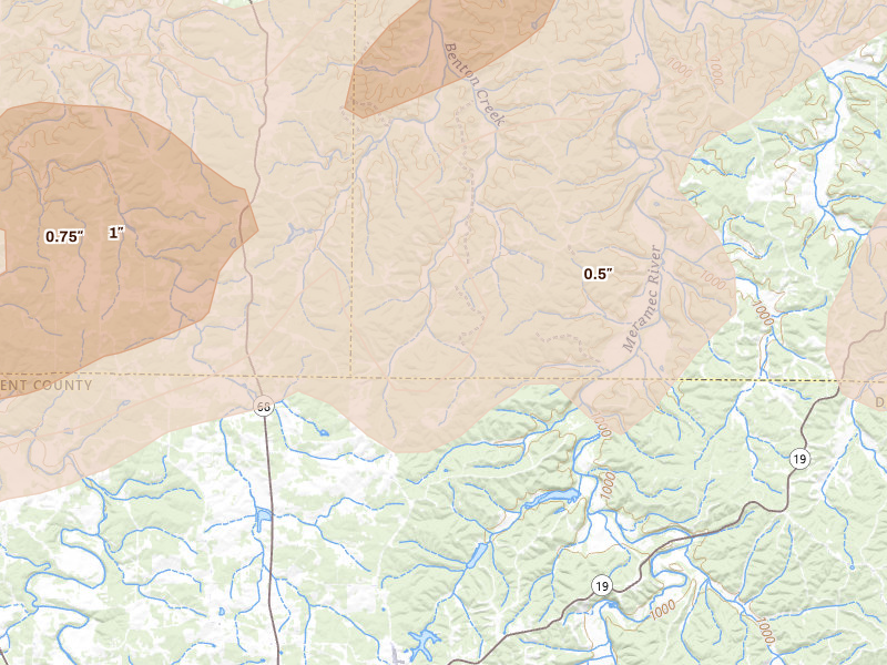 Radar-estimated hail-size map of the storm over Cook Sta, MO on Apr 26, 2026
