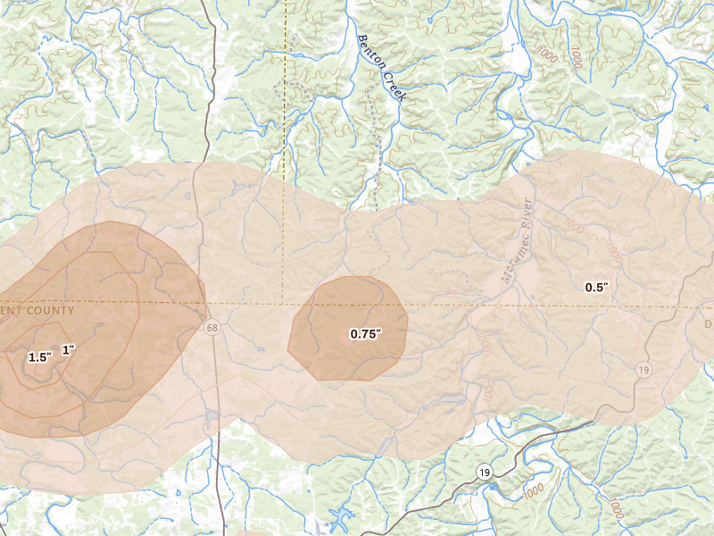 Radar-estimated hail-size map of the storm over Cook Sta, MO on Apr 27, 2026