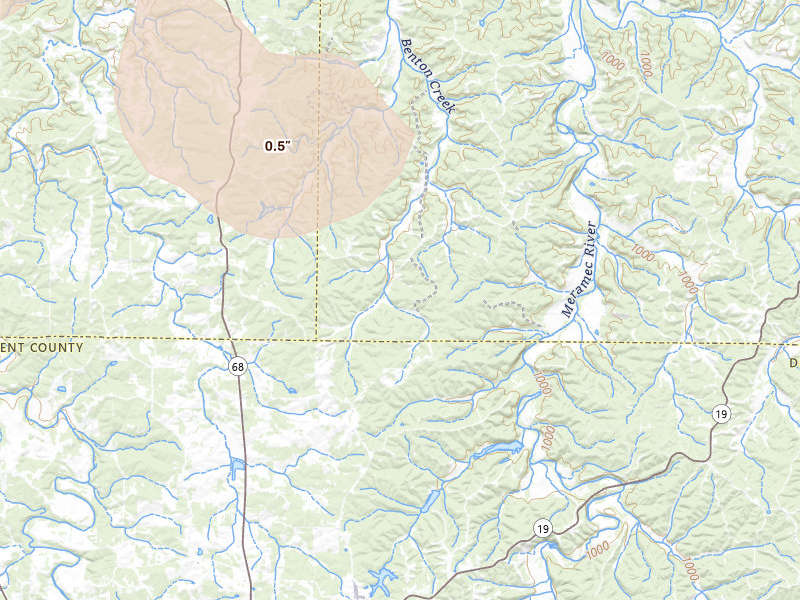 Radar-estimated hail-size map of the storm over Cook Sta, MO on Jul 9, 2026
