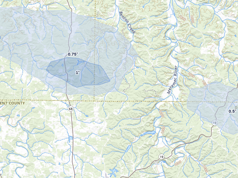 NEXRAD radar-signature map of the hail storm over Cook Sta, MO on Jul 10, 2026