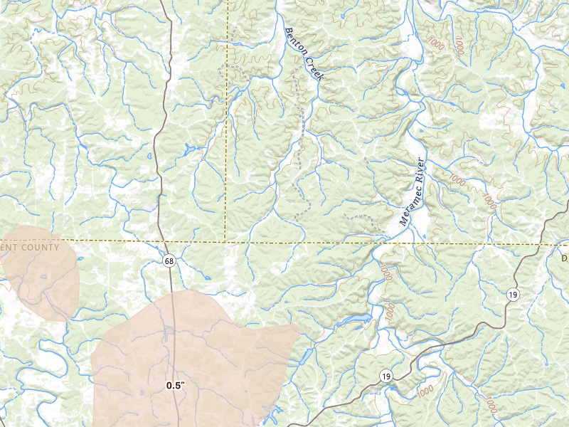 Radar-estimated hail-size map of the storm over Cook Sta, MO on Jul 31, 2026