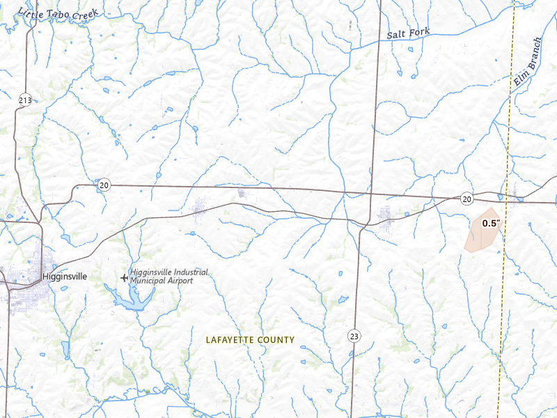 Radar-estimated hail-size map of the storm over Corder, MO on Apr 17, 2026