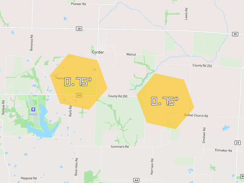 Hail map of Corder, MO on Jun 1, 2026, hail up to 0.75"