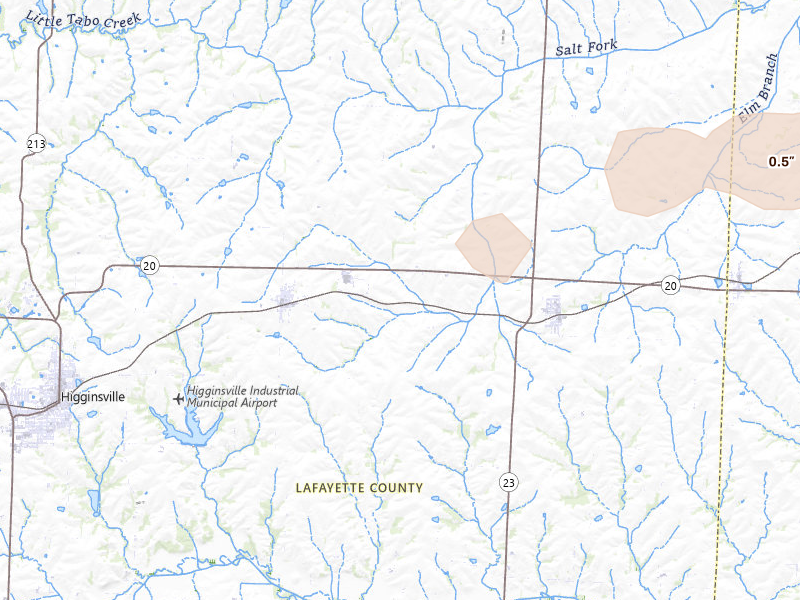 Radar-estimated hail-size map of the storm over Corder, MO on Jun 12, 2026