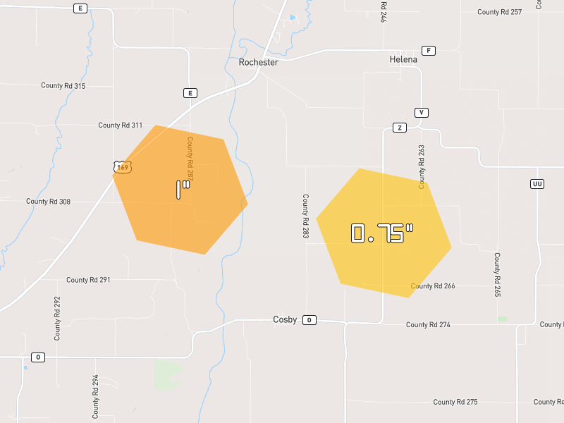 Hail map of Cosby, MO on Jun 5, 2026, hail up to 1"