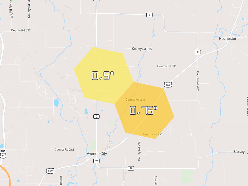 Hail map of Cosby, MO on Jun 6, 2026, hail up to 0.75"