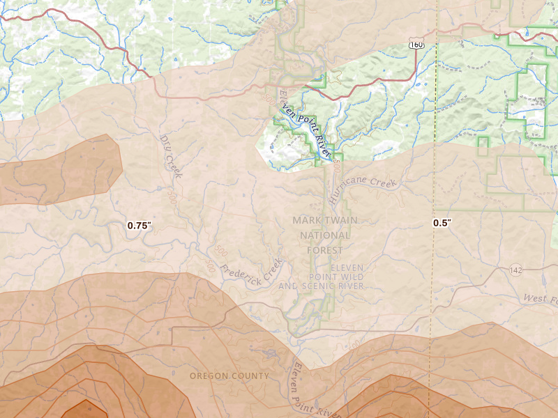 Radar-estimated hail-size map of the storm over Couch, MO on Apr 16, 2026