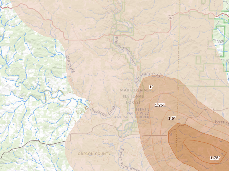 Radar-estimated hail-size map of the storm over Couch, MO on Jun 13, 2026