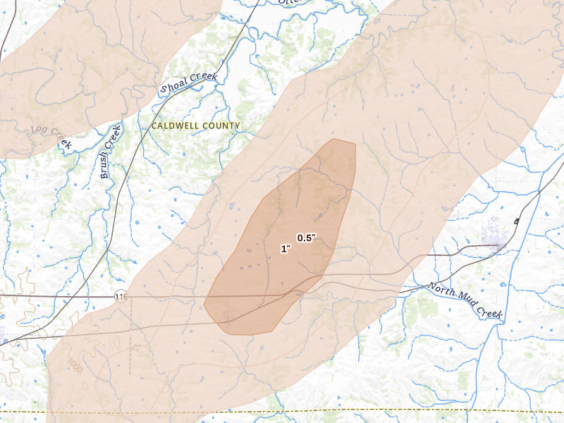 Radar-estimated hail-size map of the storm over Cowgill, MO on Apr 17, 2026