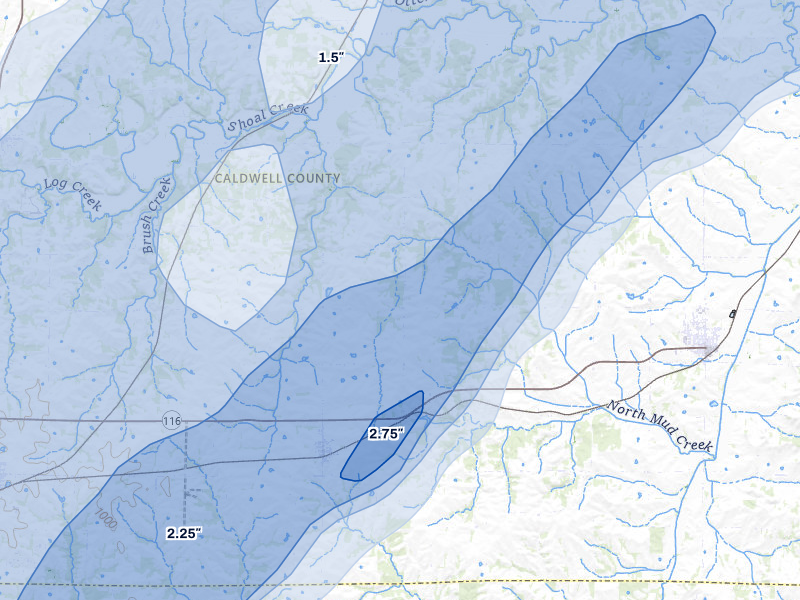 NEXRAD radar-signature map of the hail over Cowgill, MO