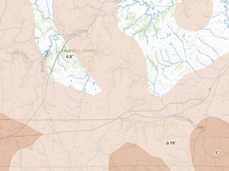 Radar-estimated hail-size map of the storm over Cowgill, MO on Apr 26, 2026
