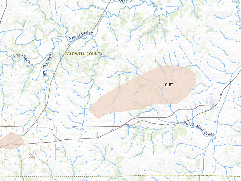 Radar-estimated hail-size map of the storm over Cowgill, MO on Aug 14, 2026