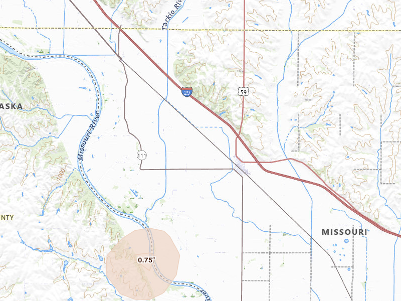 Radar-estimated hail-size map of the storm over Craig, MO on Mar 5, 2026