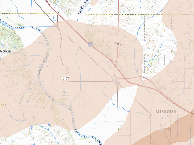 Radar-estimated hail-size map of the storm over Craig, MO on Apr 23, 2026
