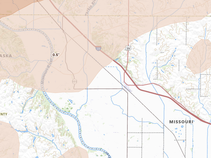 Radar-estimated hail-size map of the storm over Craig, MO on May 18, 2026