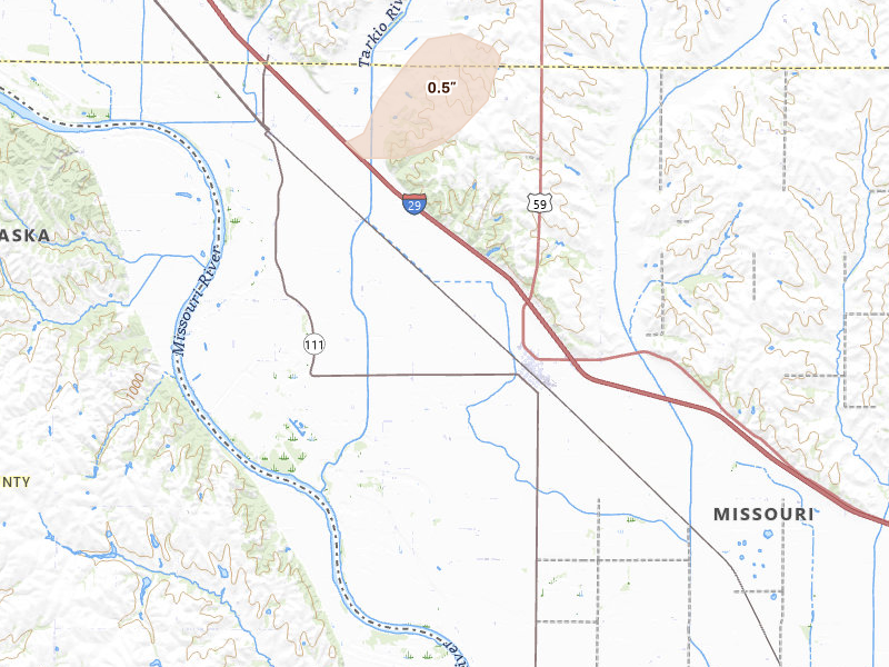 Radar-estimated hail-size map of the storm over Craig, MO on Jun 10, 2026