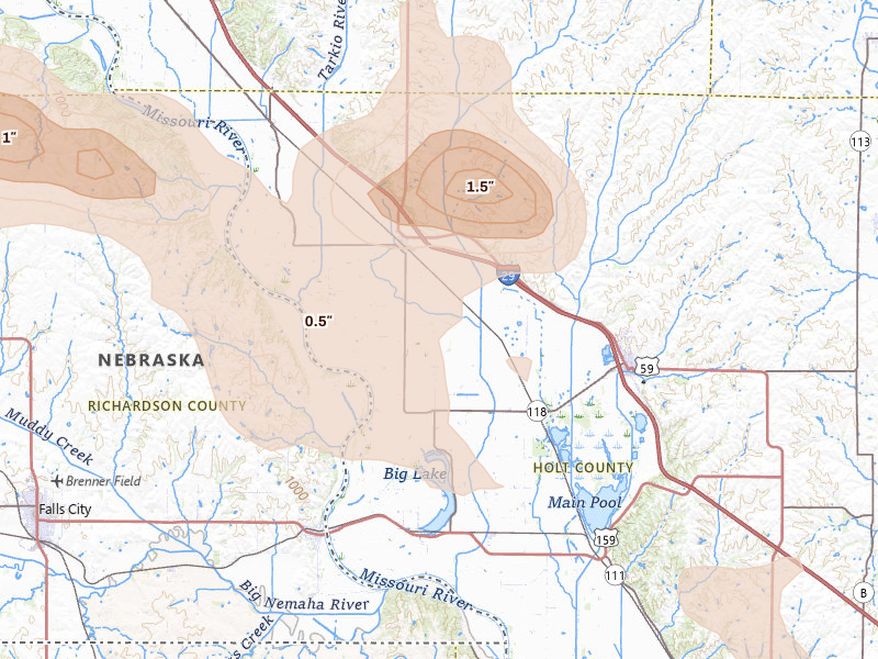 Radar-estimated hail-size map of the storm over Craig, MO on Aug 9, 2026