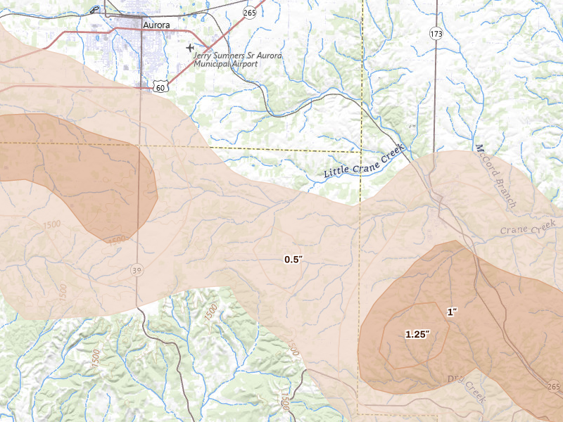 Radar-estimated hail-size map of the storm over Crane, MO on Apr 26, 2026
